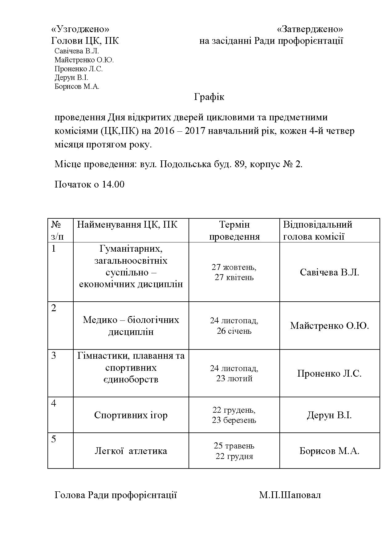 Графік проведення Дня відкритих дверей
